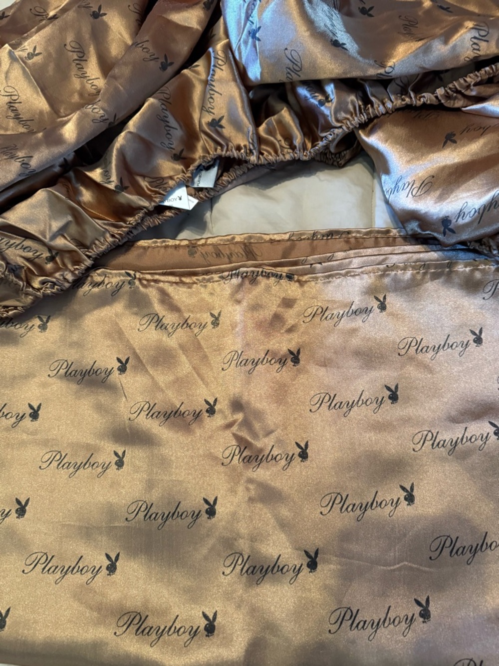 PLAYBOY Bronze Satin Sheet with Black Logo Print